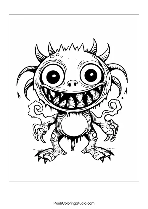 A monster with big eyes and a toothy grin stands with arms outstretched.