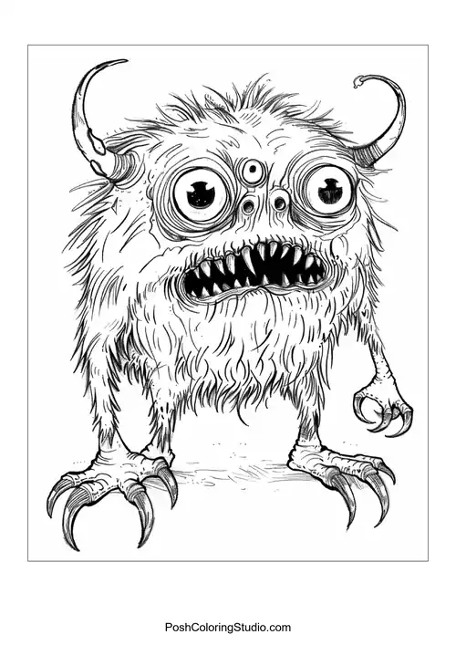 A furry monster with multiple eyes and sharp teeth.
