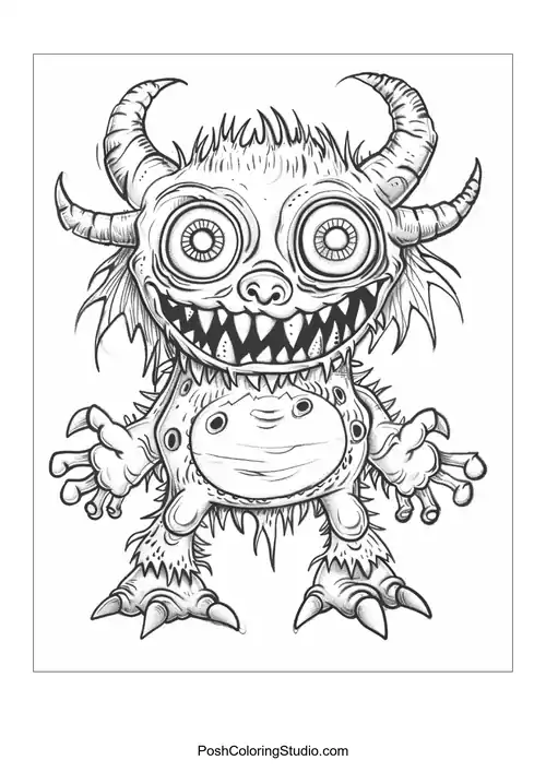A monster with a round body and a small creature on its belly smiles.