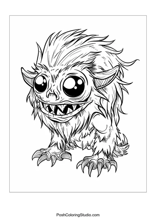 A small, furry monster with big eyes and a toothy smile stands cutely.