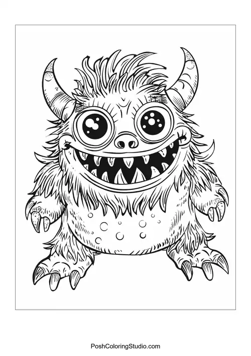 A monster with a fluffy body and large eyes grins widely.