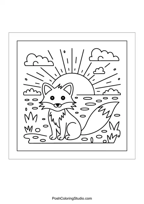 A fox sitting by a pond during sunset.