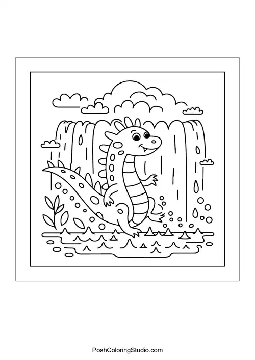 A dragon splashing in water near a waterfall.