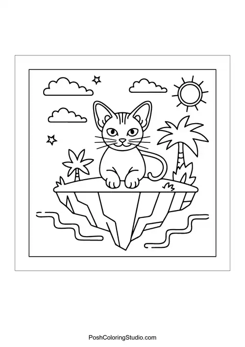 A cat on an island surrounded by palm trees.