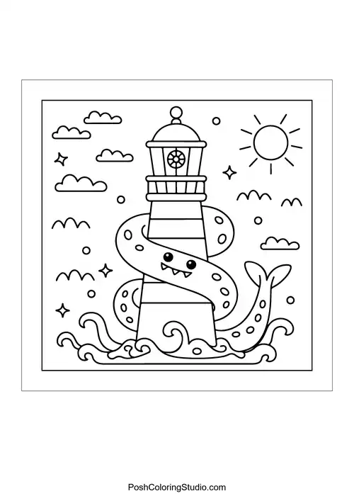 A lighthouse entwined by a friendly sea serpent.