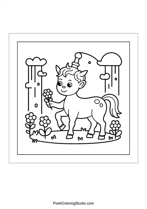 A unicorn with a flower in a magical forest.