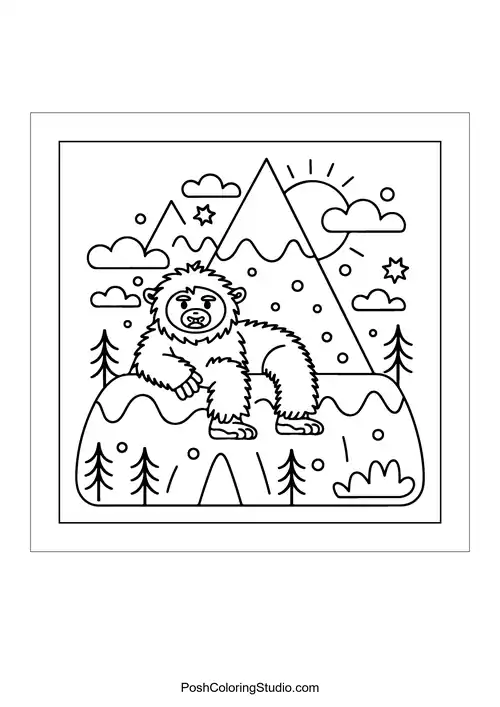 A bear lounging on a mountain with trees around.