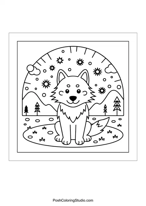 A cute wolf sits in a scenic landscape with mountains and trees.