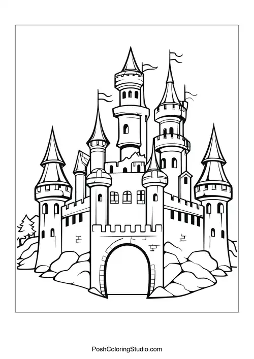 A castle with a winding staircase and surrounding trees.