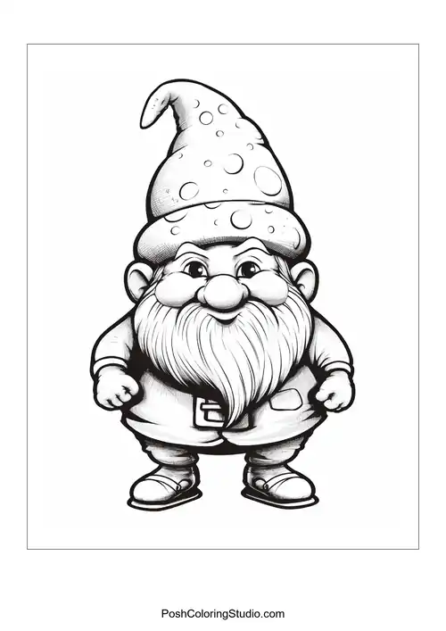 A gnome holding a flower and smiling in a garden.