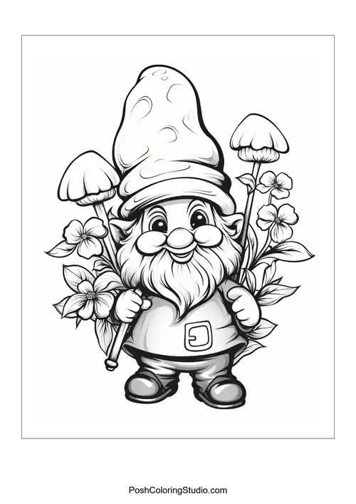 A gnome with a round hat and flowers, holding two mushrooms.