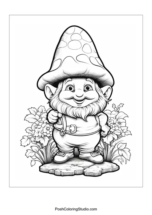 A gnome with a beard and a mushroom in a garden.