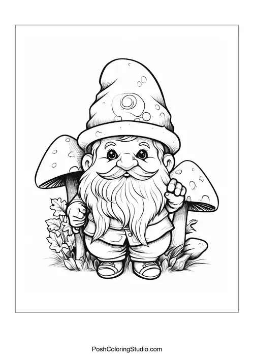 A gnome with a mushroom and a cheerful expression.