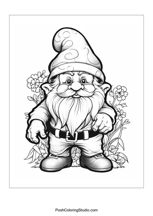 A gnome with a beard and a mushroom in a garden.