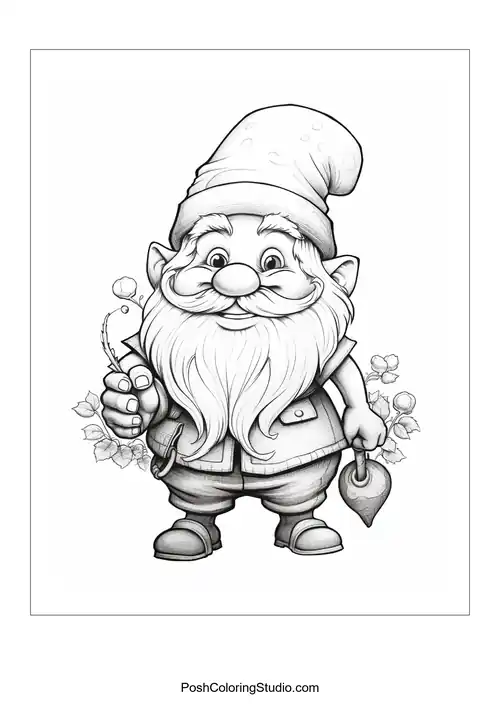 A gnome holding a flower and standing among plants.