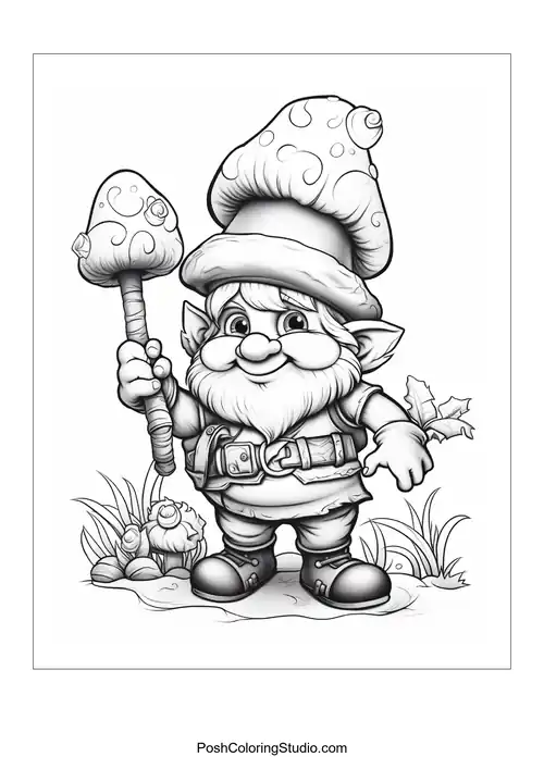 A gnome with a whimsical hat holding a mushroom in a garden.