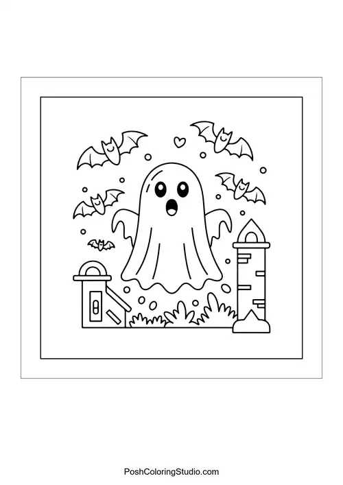 A surprised ghost surrounded by flying bats and hearts.