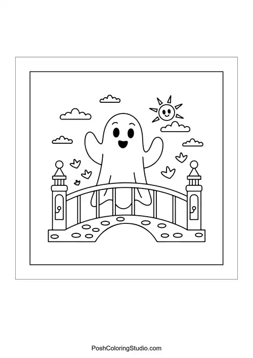 A ghost on a bridge with birds flying around.