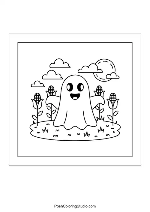 A ghost in a cornfield with a full moon above.
