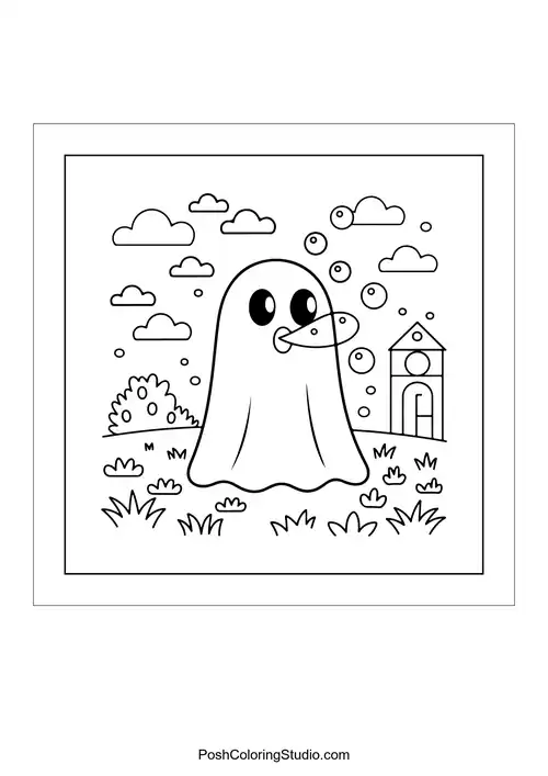 A ghost blowing bubbles in a garden setting.