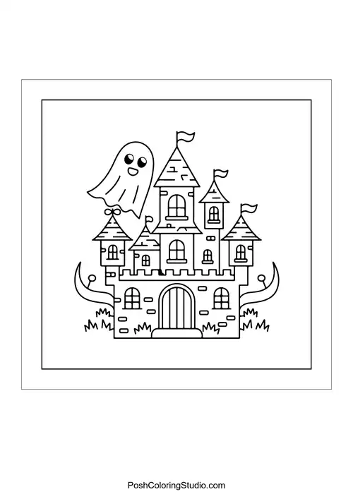 A ghost floating above a castle with turrets.