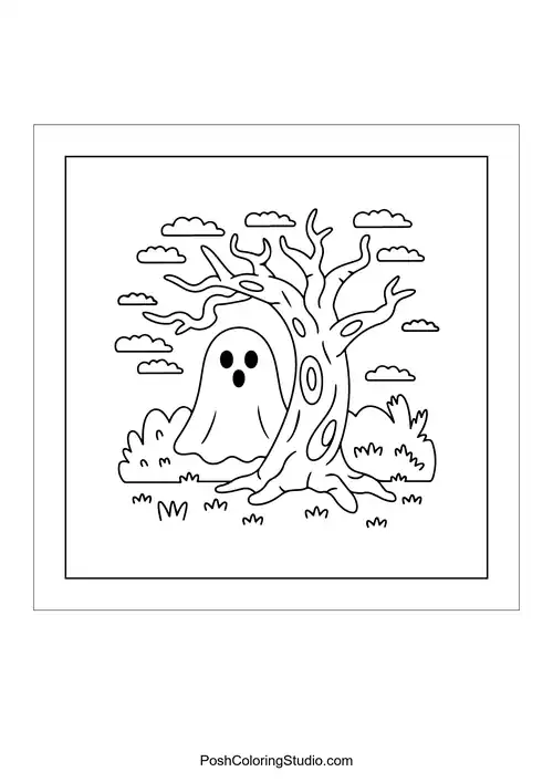 A ghost hiding behind a tree with a spooky look.