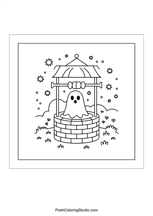 A ghost emerging from a well under a starry sky.