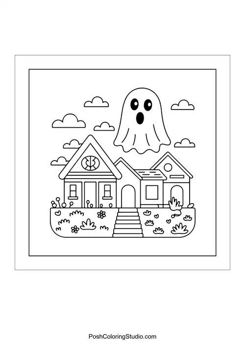 A ghost floating above a house with a garden.