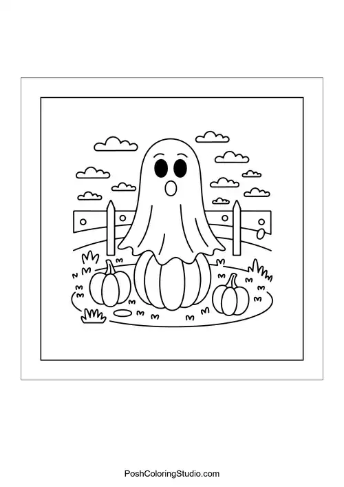 A ghost among pumpkins in a field.