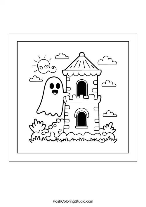 A ghost peeking from a tower with clouds above.