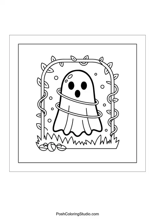 A ghost hanging from a crescent moon with stars.