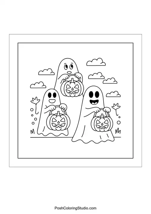 Three friendly ghosts holding jack-o'-lanterns in a playful scene.