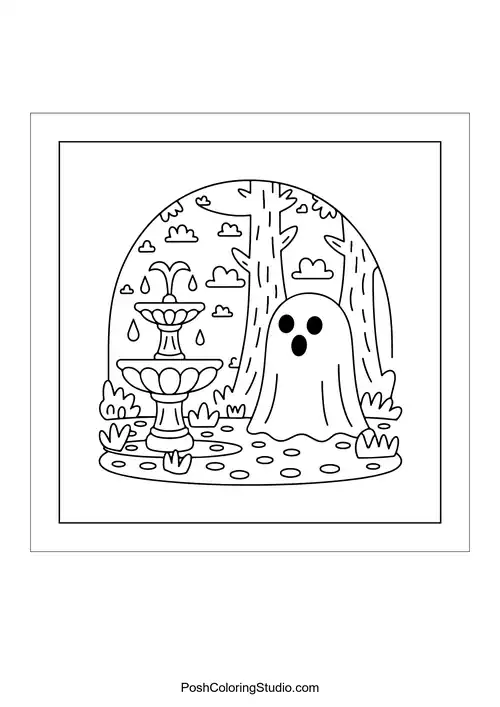 A ghost hiding behind a fountain in a garden.