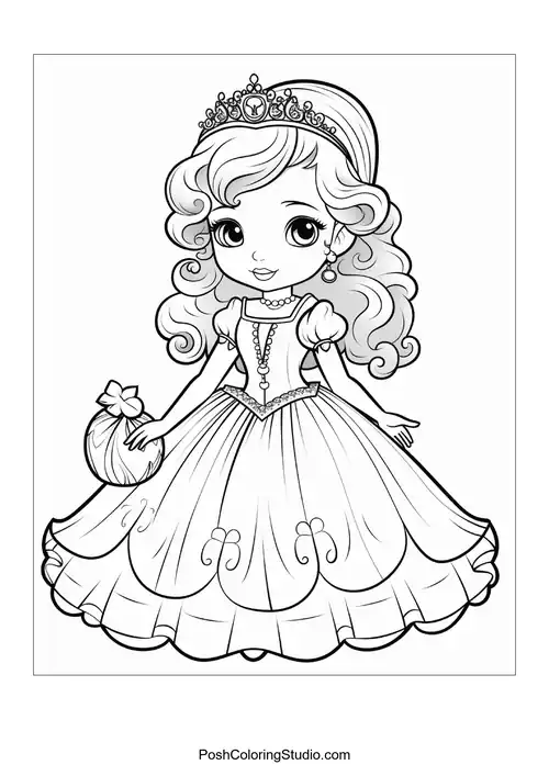 A princess in a gown with a unique collar and tiara.