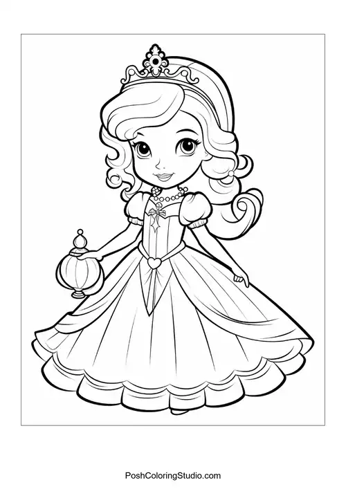 A princess with a crown and a stylish gown design.