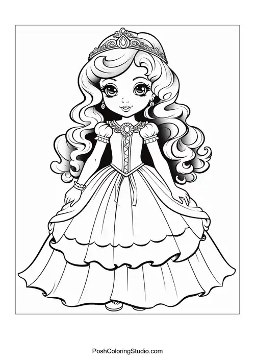 A princess in a gown with a flowing train and tiara.