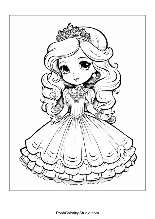 A princess in a gown with a flowing train and tiara.