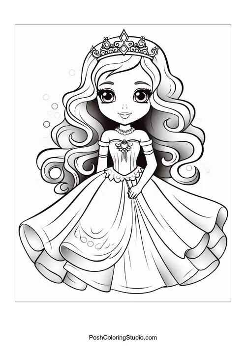 A princess with a crown and a dress featuring swan motifs.