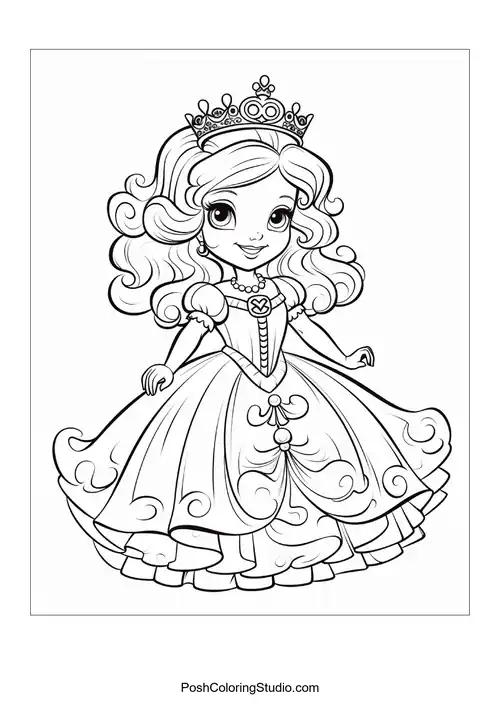 A princess in a gown with a large bow and intricate details.