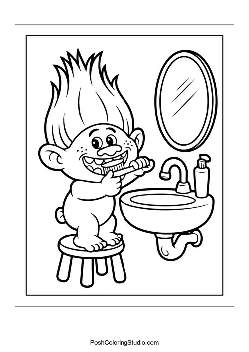 A troll brushing teeth in front of a mirror.