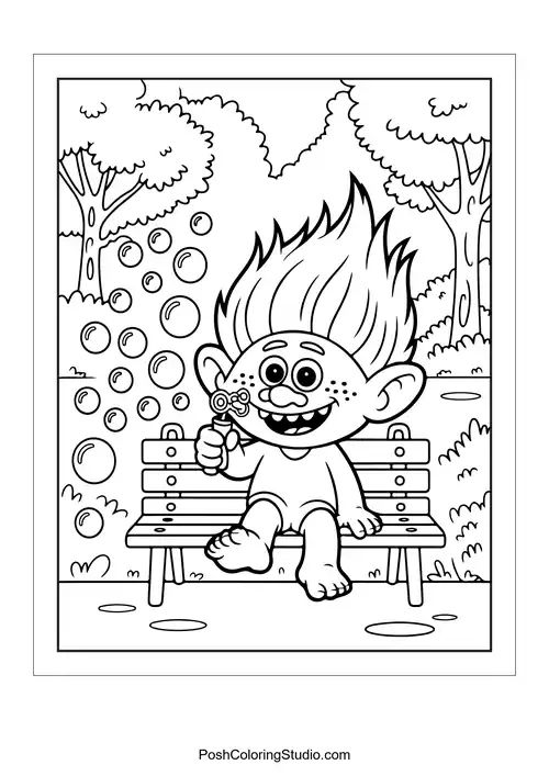 A troll blowing bubbles on a park bench.