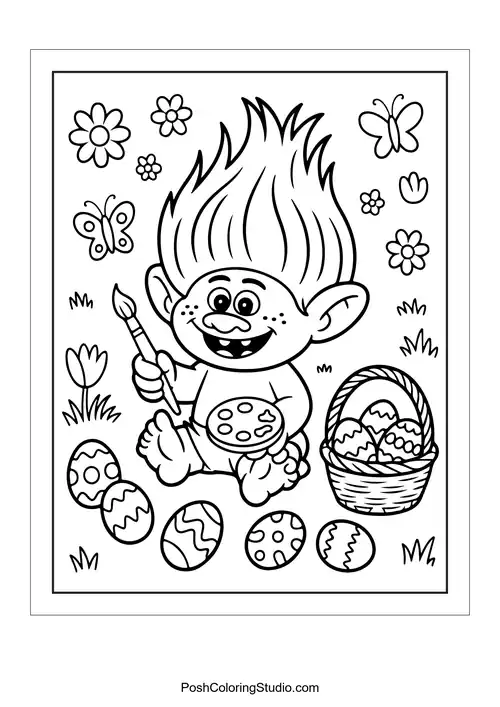 A troll painting Easter eggs with a basket nearby.