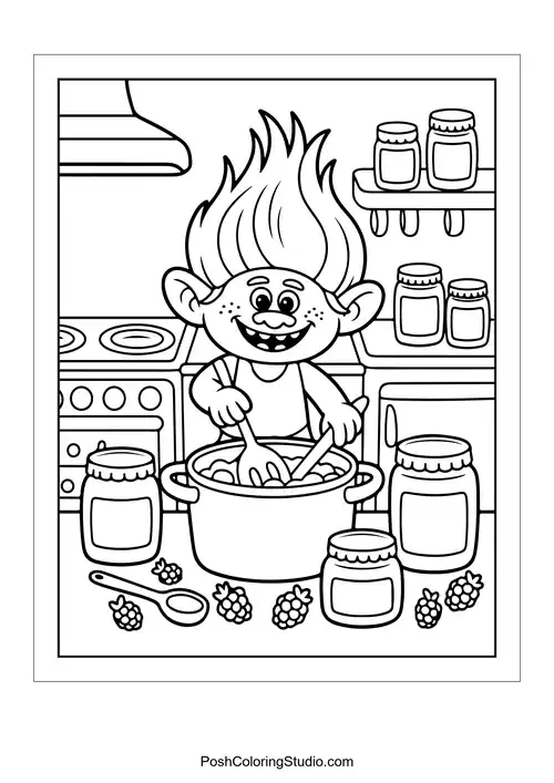 A troll cooking in a kitchen with jars on shelves.