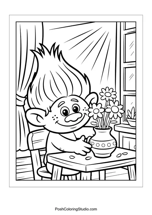 A troll arranging flowers in a vase at a table.