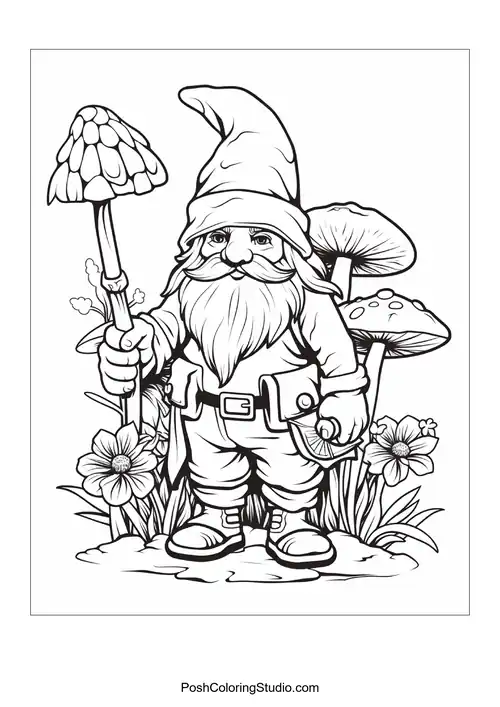 A gnome holding a mushroom stands in a flower-filled garden.