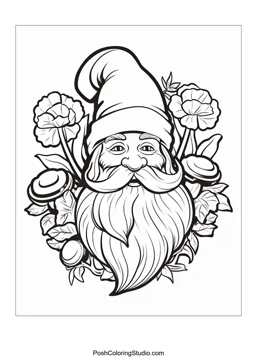 A gnome sits comfortably among flowers and mushrooms.