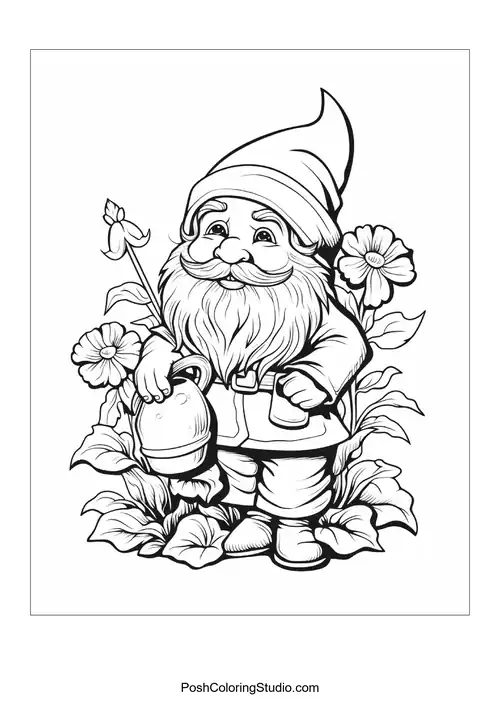 A gnome sits among flowers with a playful expression.