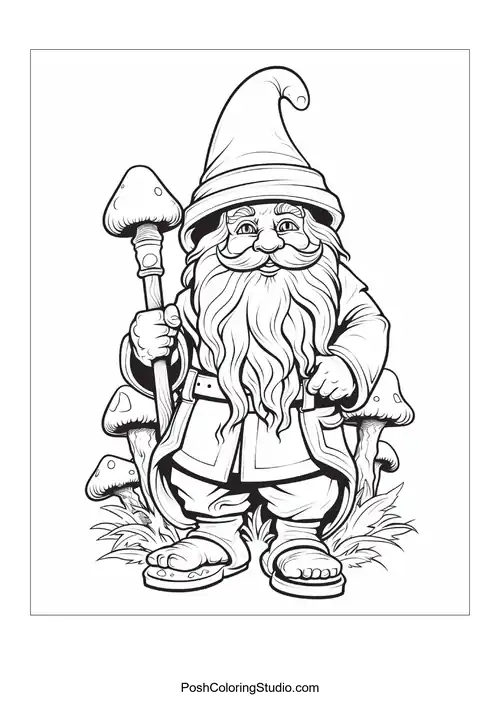 A gnome stands with a watering can surrounded by flowers.