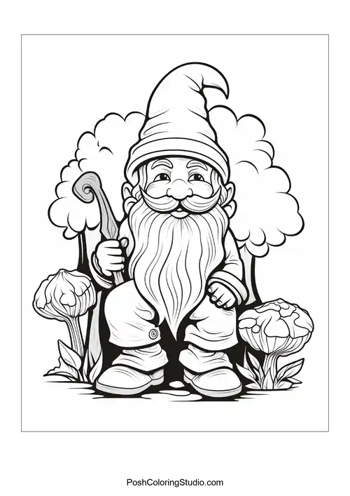 A gnome with a long beard and a hat stands in a garden.
