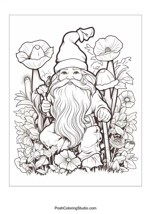 A gnome holds a mushroom while standing among flowers.